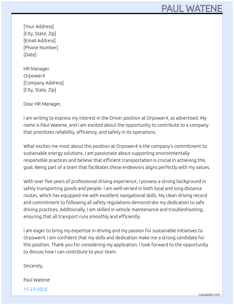  Driver  At Orpower4 Cover Letter