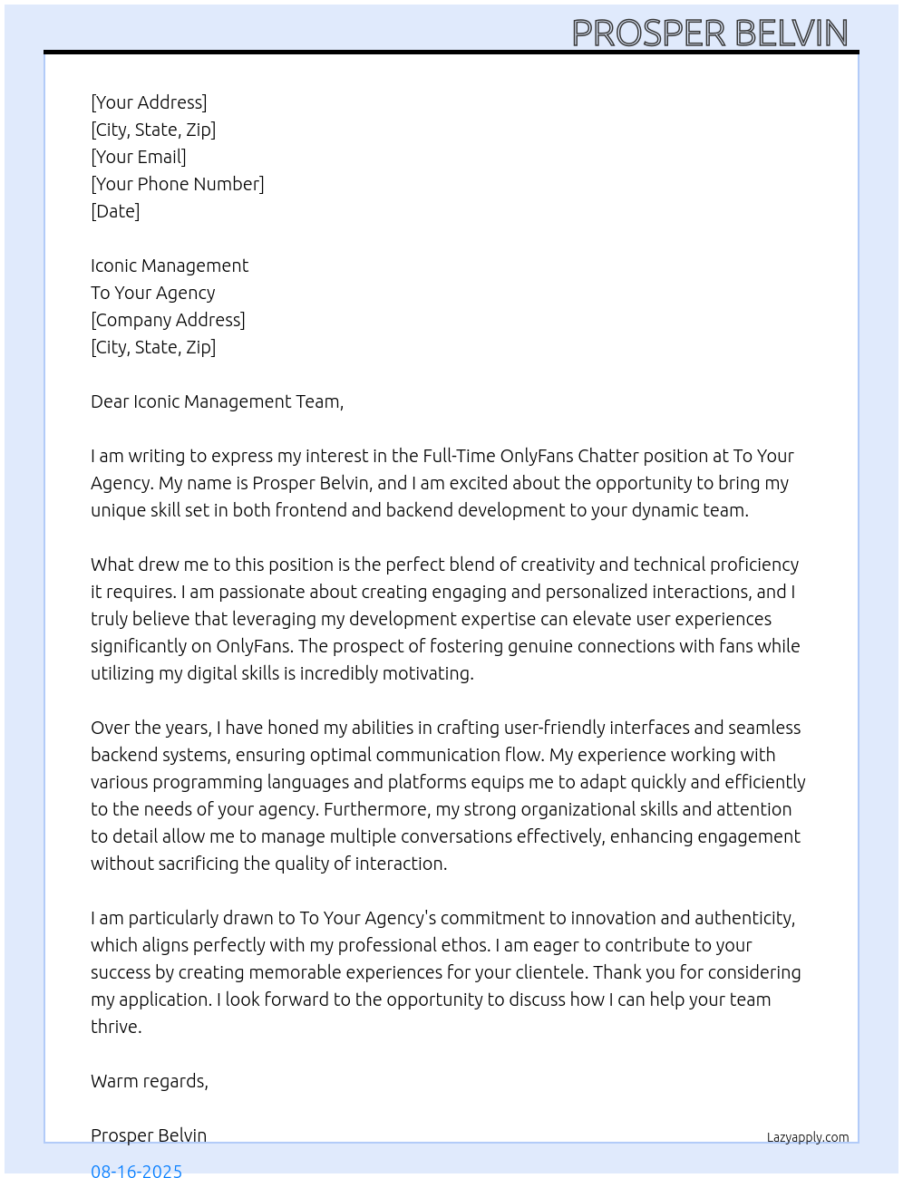 Cover letter for onlyfans chatter - LazyApply