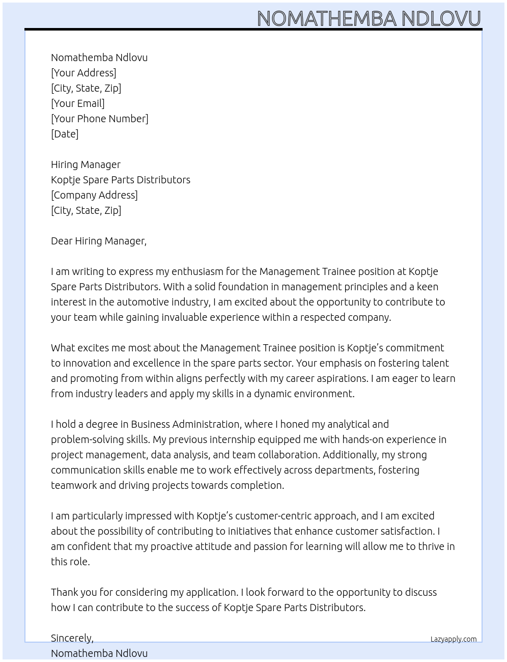 Management Trainee At Koptje Spare Parts Distributors Cover Letter