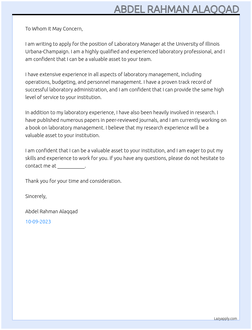 Laboratory manager At University of Illinois Urbana-Champaign  Cover Letter