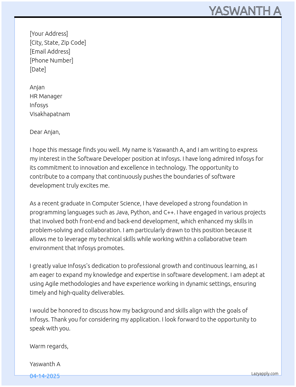 Software developer  At Infosys  Cover Letter