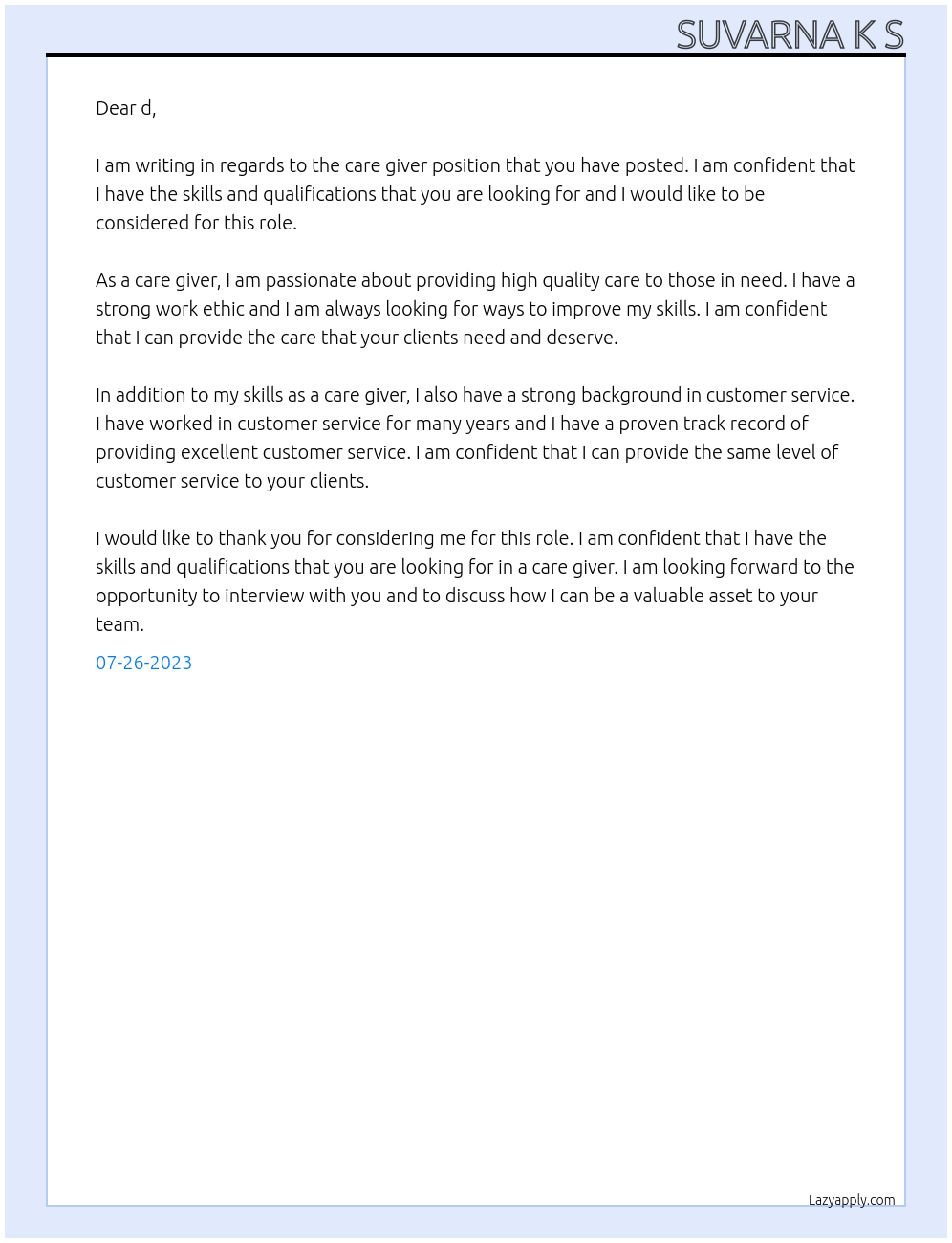 Care giver At d Cover Letter