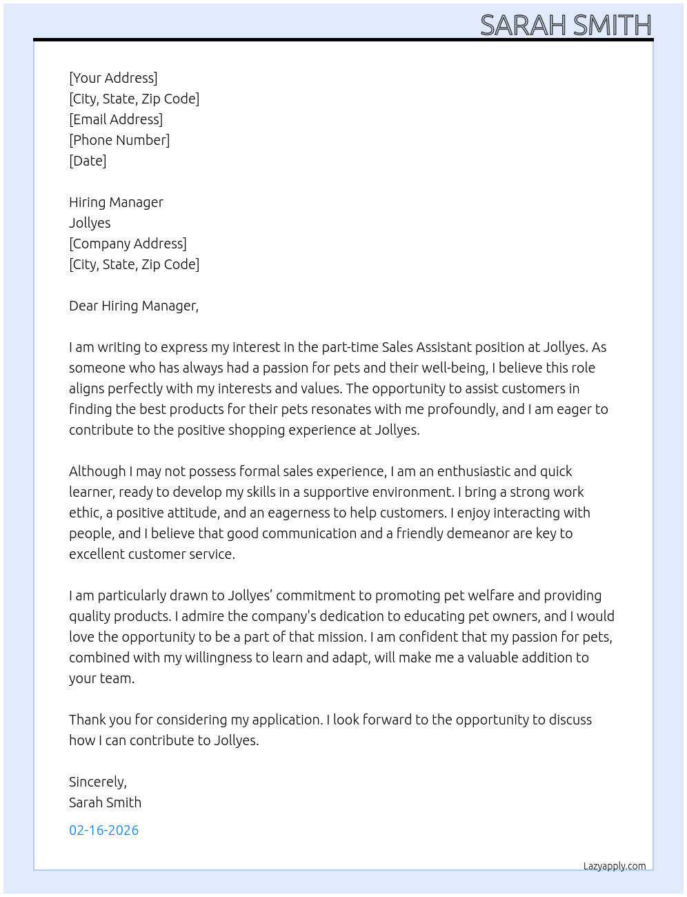 Sales Assistant At Jollyes Cover Letter