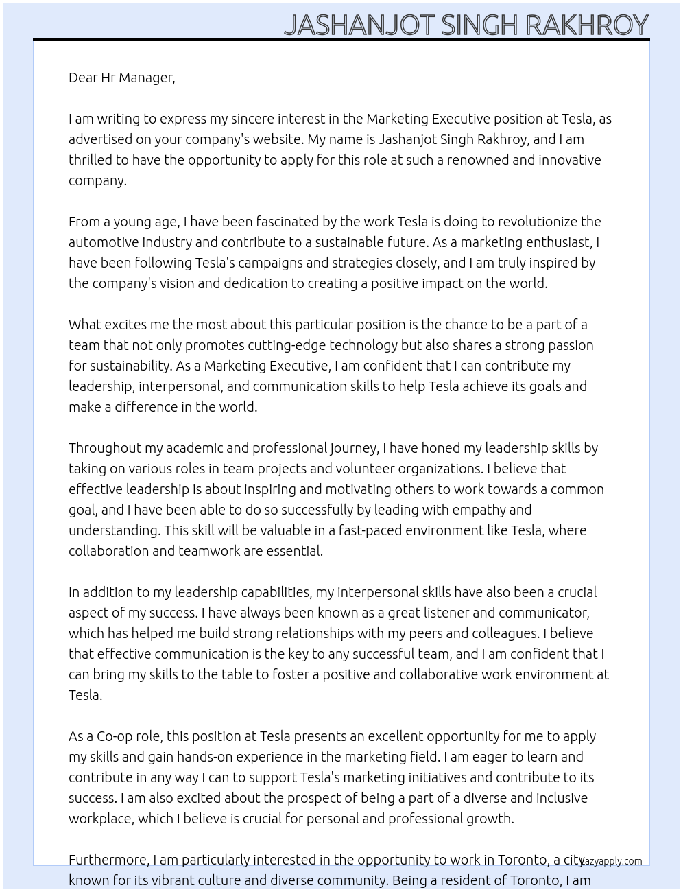 Marketing executive  At Tesla Cover Letter