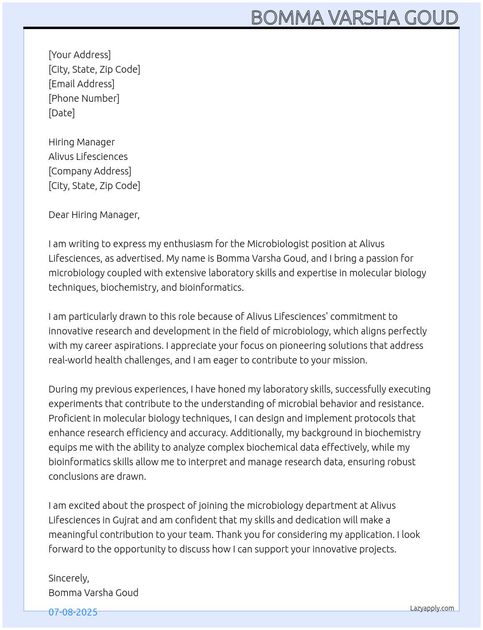 Microbiologist At Apply for Microbiologist Job at Alivus Lifesciences Cover Letter