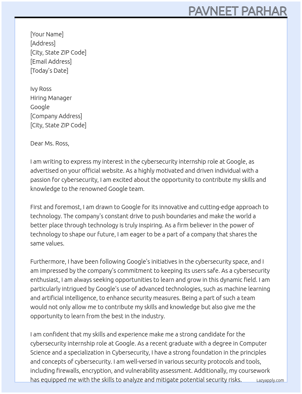 cybersecurity At google Cover Letter