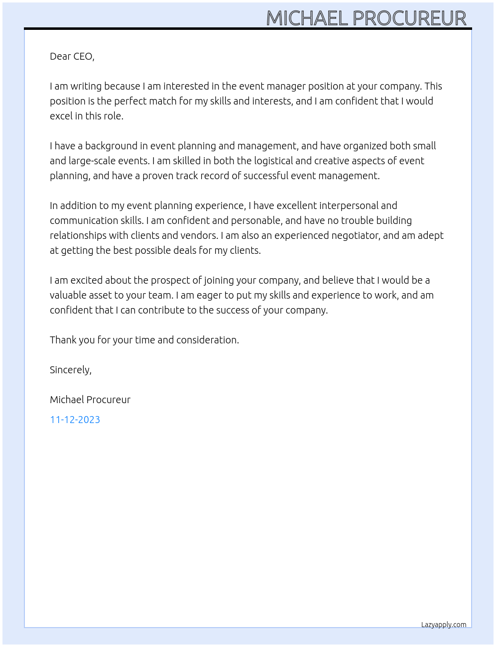 Event manager At Your company Cover Letter