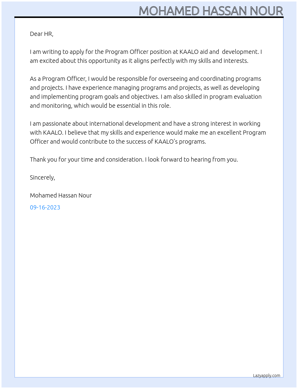 Program officer At KAALO aid and development Cover Letter