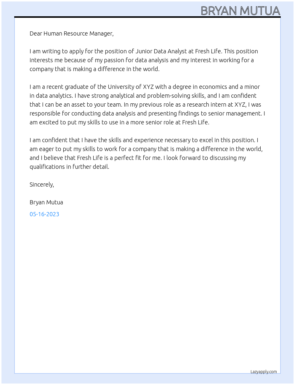 Junior Data Analyst At Fresh Life Cover Letter