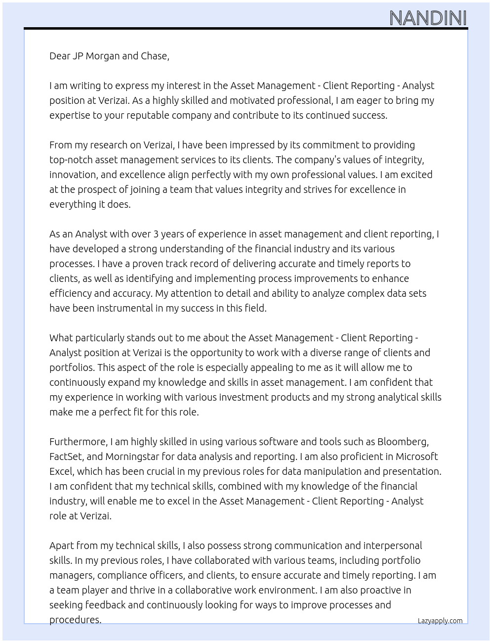 Asset Management - Client Reporting - Analyst At Verizai  Cover Letter