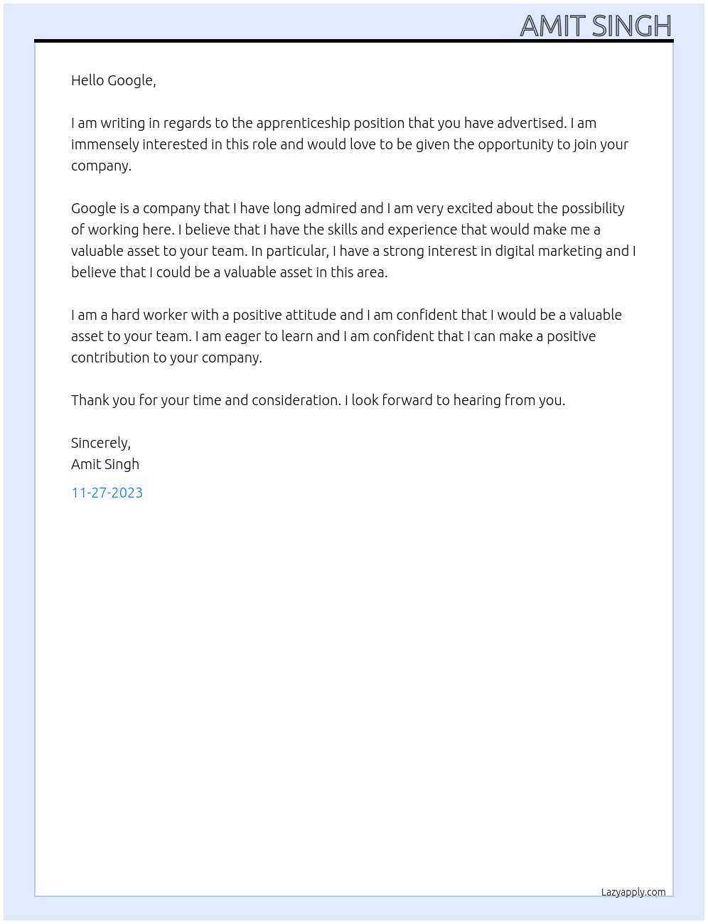 apprenticeship At Google Cover Letter