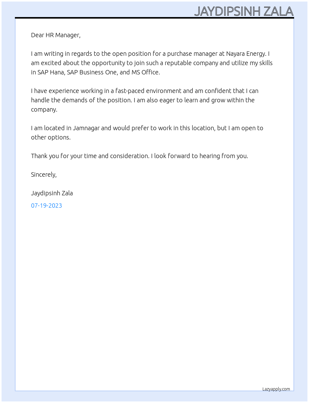 Purchase manager At Nayara Energy Cover Letter