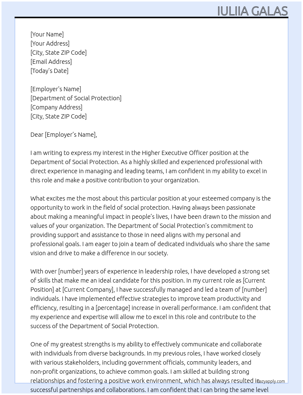 Higher Executive Officer At Department of Social Protection Cover Letter