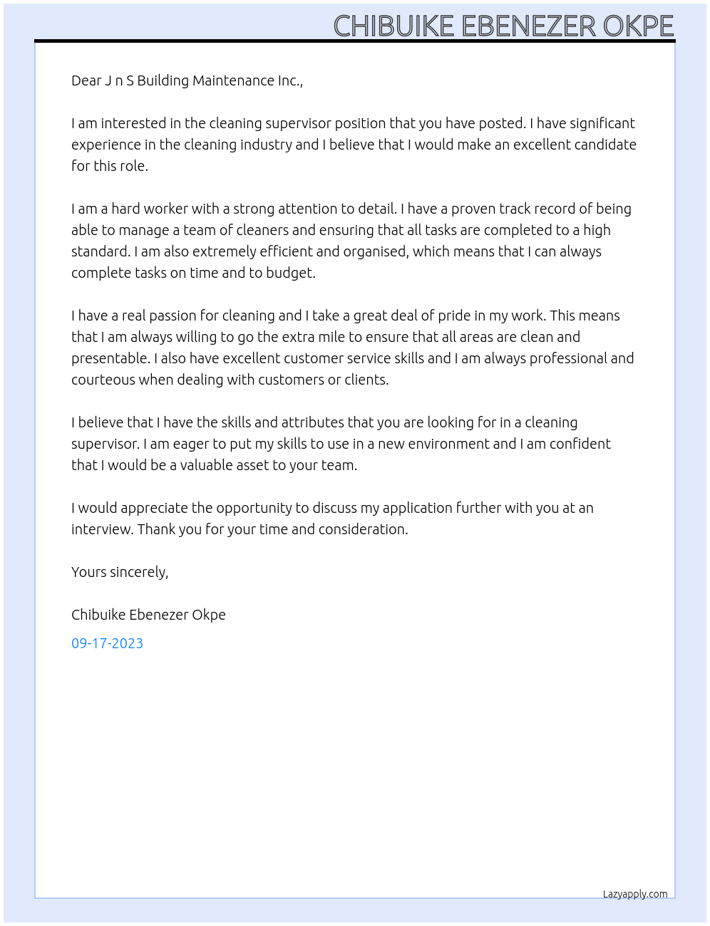 Cleaning supervisor At J n S Building Maintenance Inc. Cover Letter