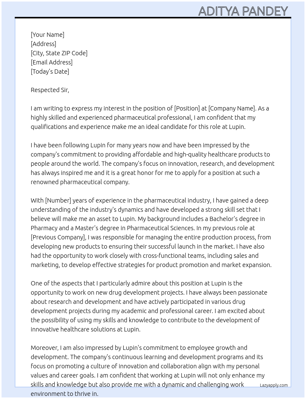 Pharmaceutical company At Lupin Cover Letter