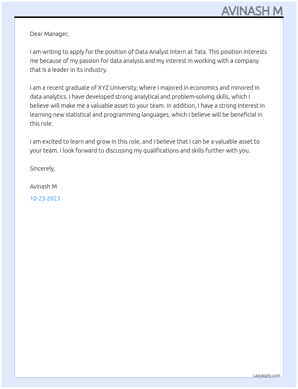 Data Analyst Intern At Tata Cover Letter