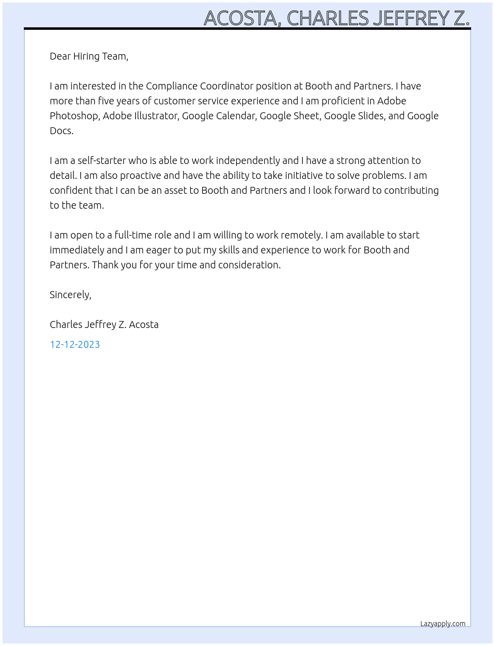 Compliance Coordinator At Booth and Partners Cover Letter