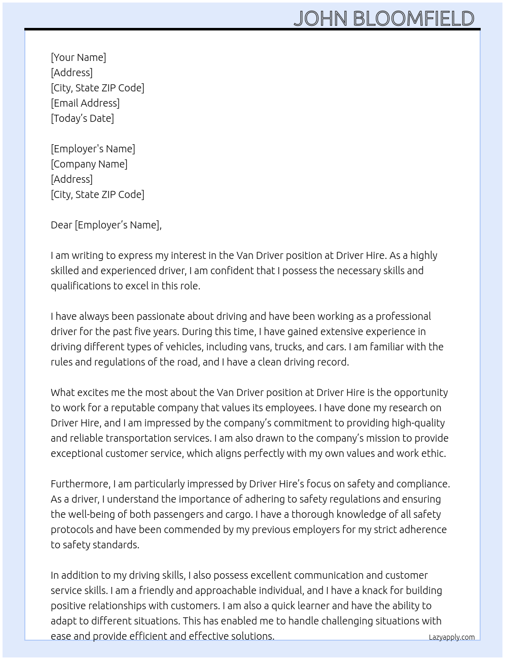 Van driver At Driver hire Cover Letter