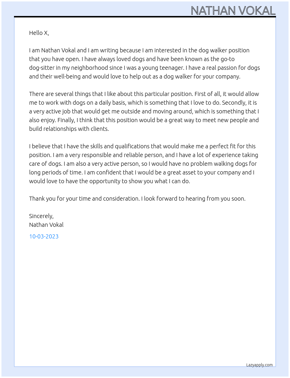 Dog Walker At X Cover Letter