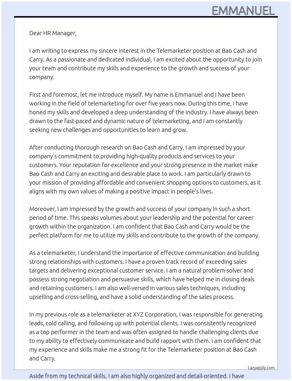 Telemarketer At Bao cash and carry Cover Letter