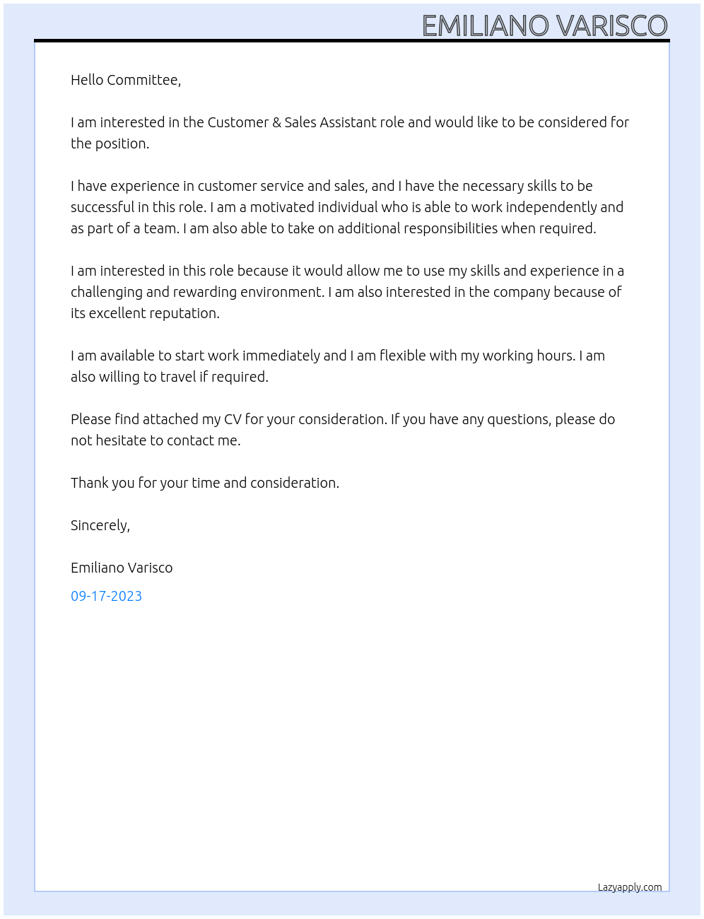 Customer & Sales Assistant At Committee Cover Letter