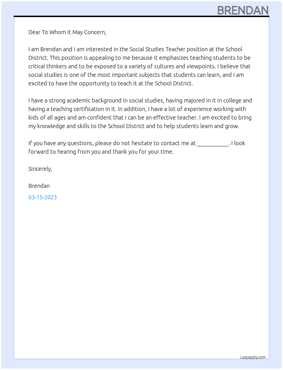 Social Studies Teacher At School District Cover Letter