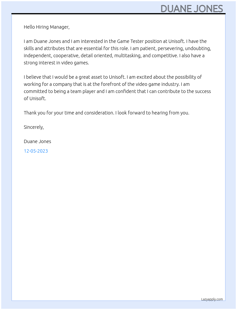 Game Tester At Unisoft Cover Letter