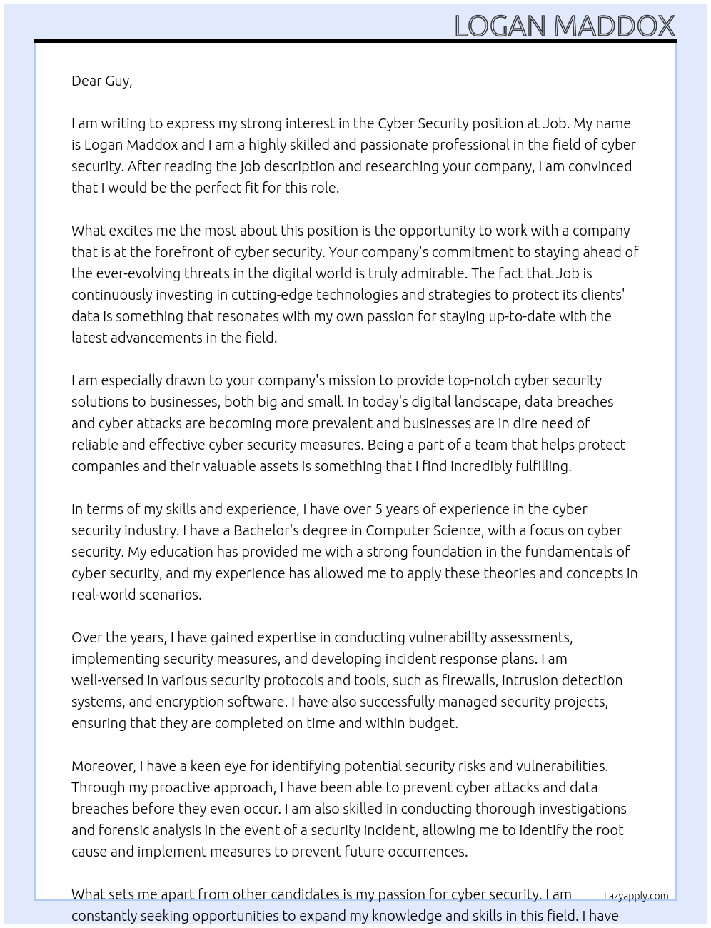 Cyber Security At Job Cover Letter