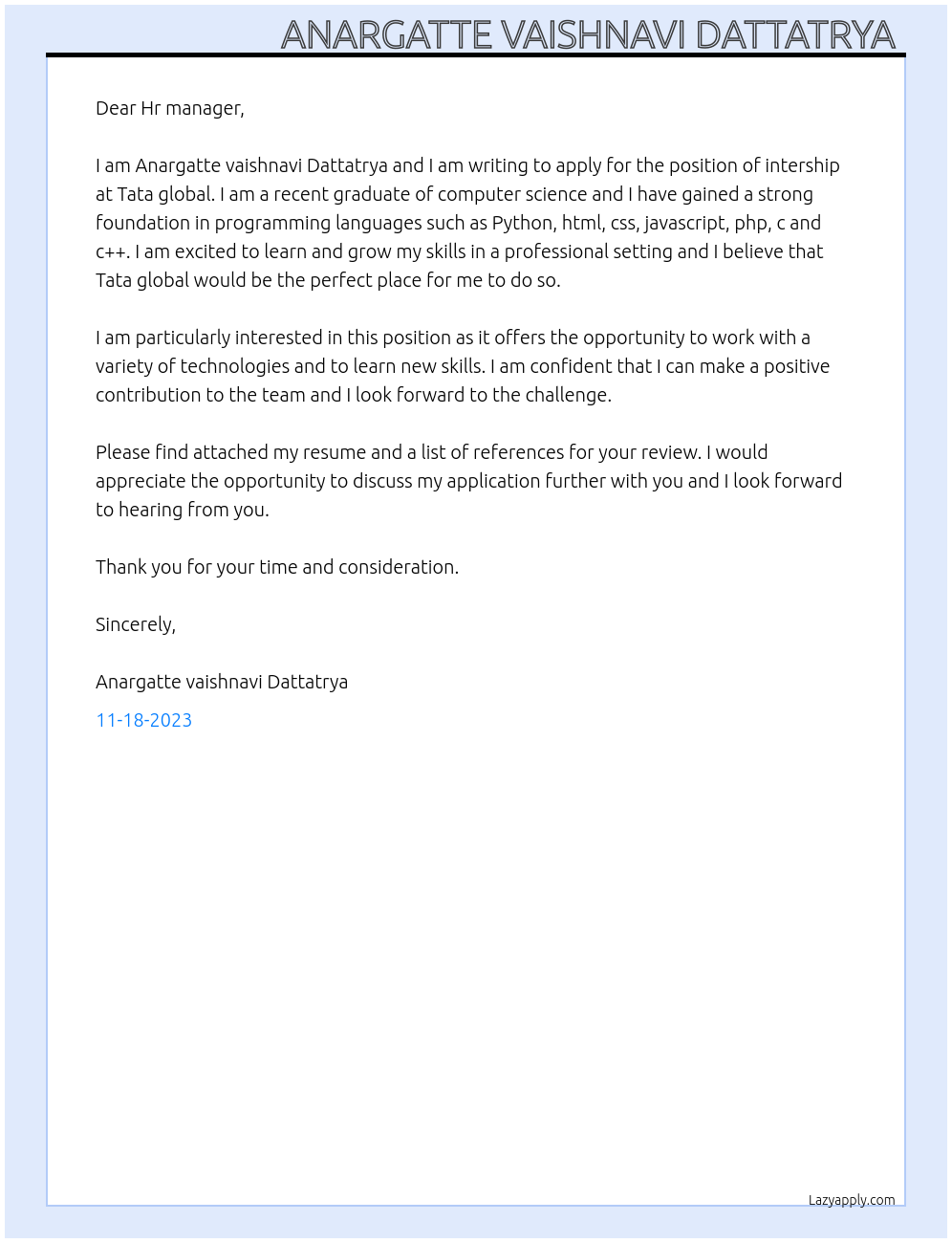 Intership At Tata global Cover Letter