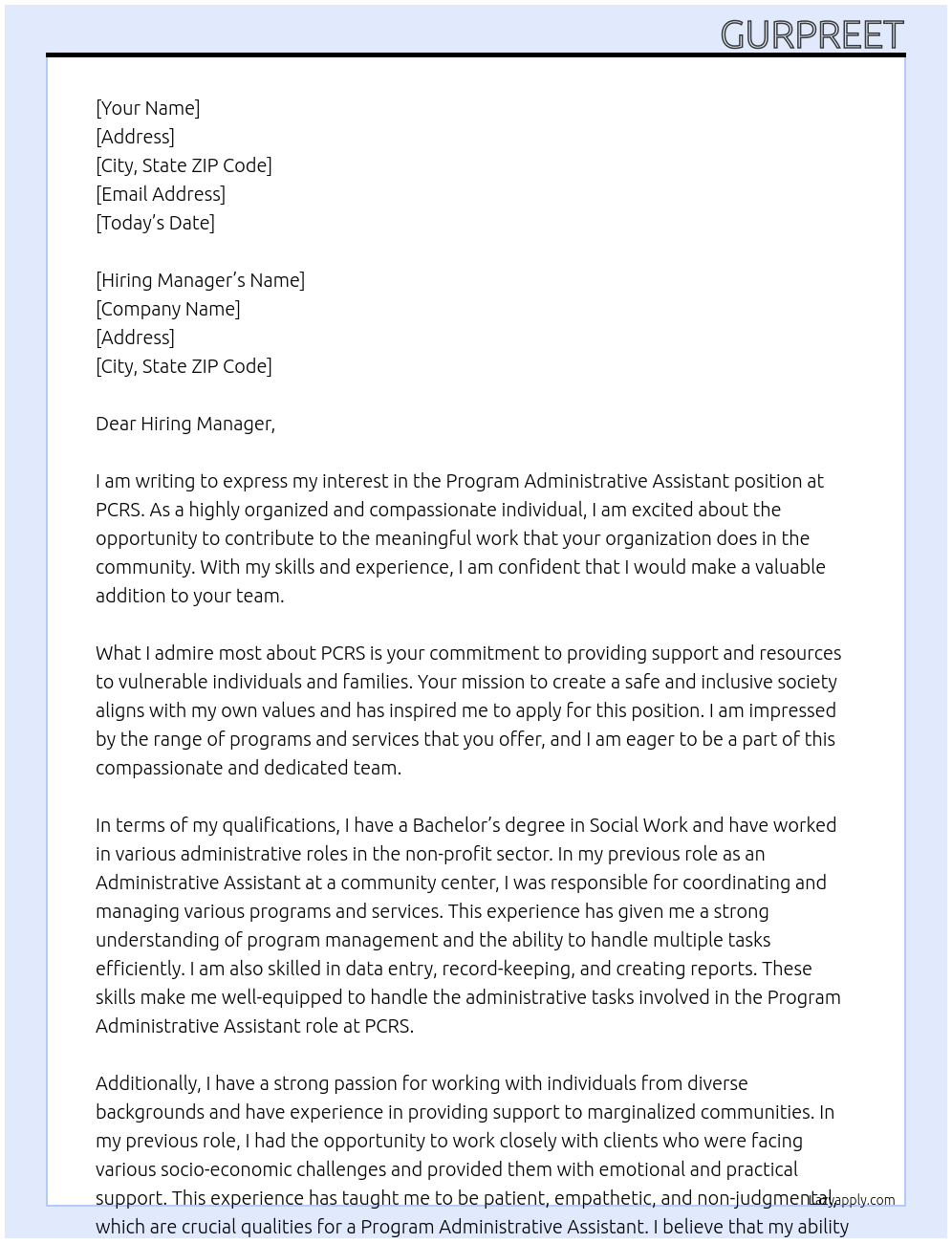 Program Administrative Assistant At PCRS Cover Letter