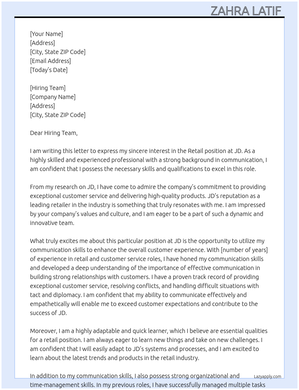 Retail At JD Cover Letter