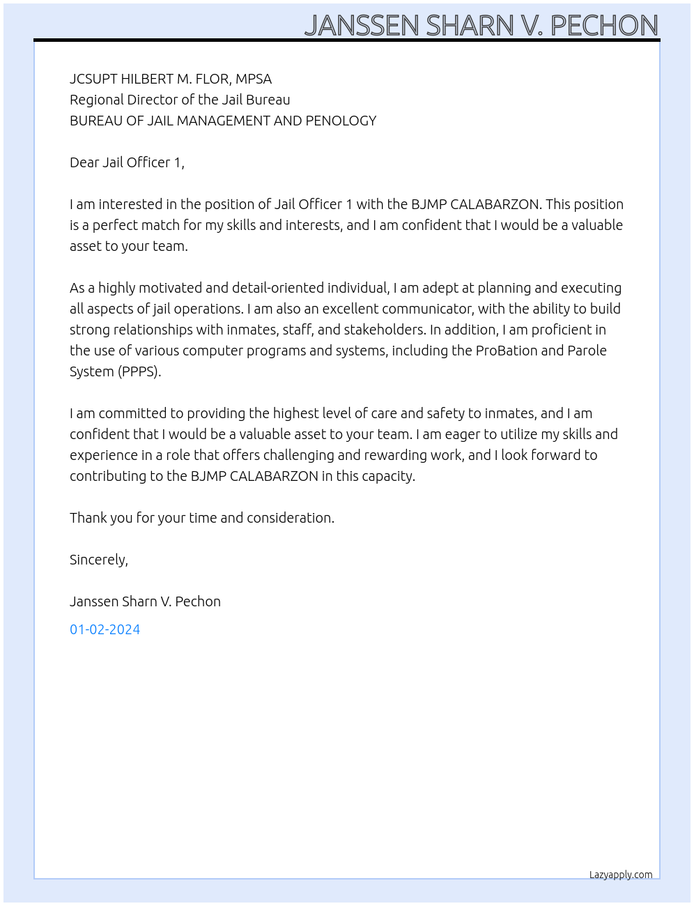 Jail Officer 1 At BUREAU OF JAIL MANAGEMENT AND PENOLOGY Cover Letter