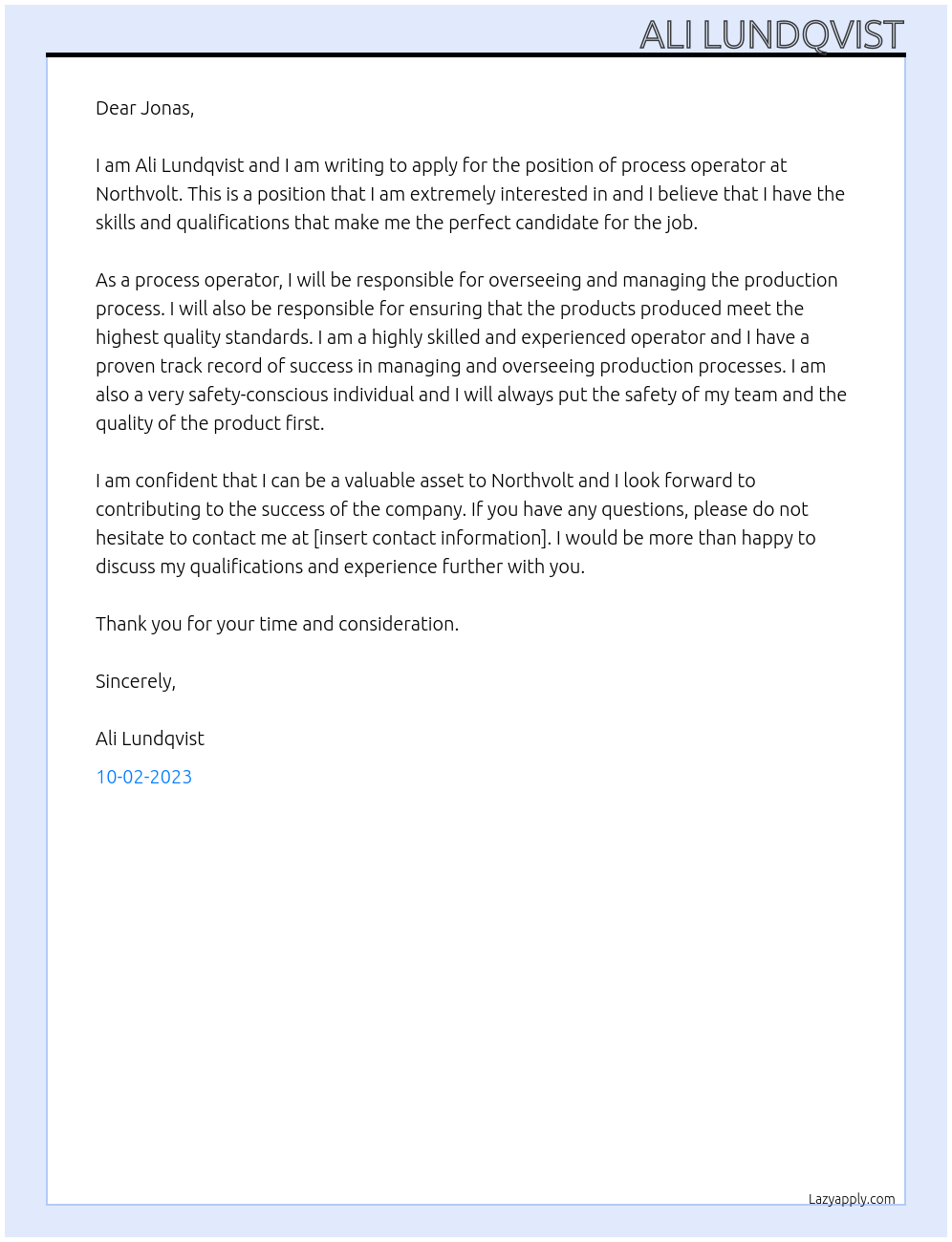 process operator At northvolt Cover Letter