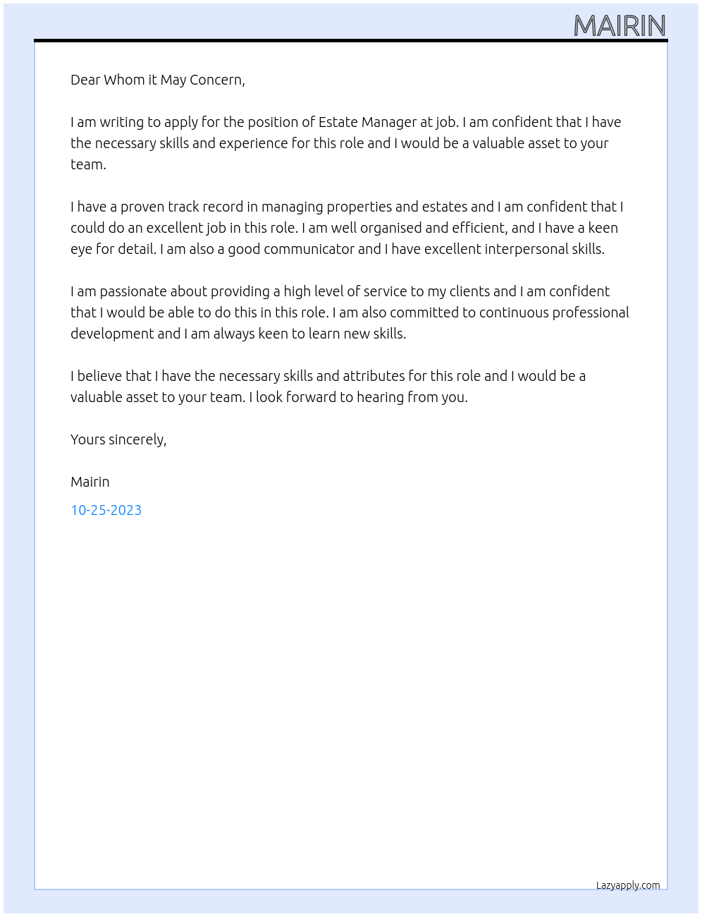 Estate Manager At job Cover Letter