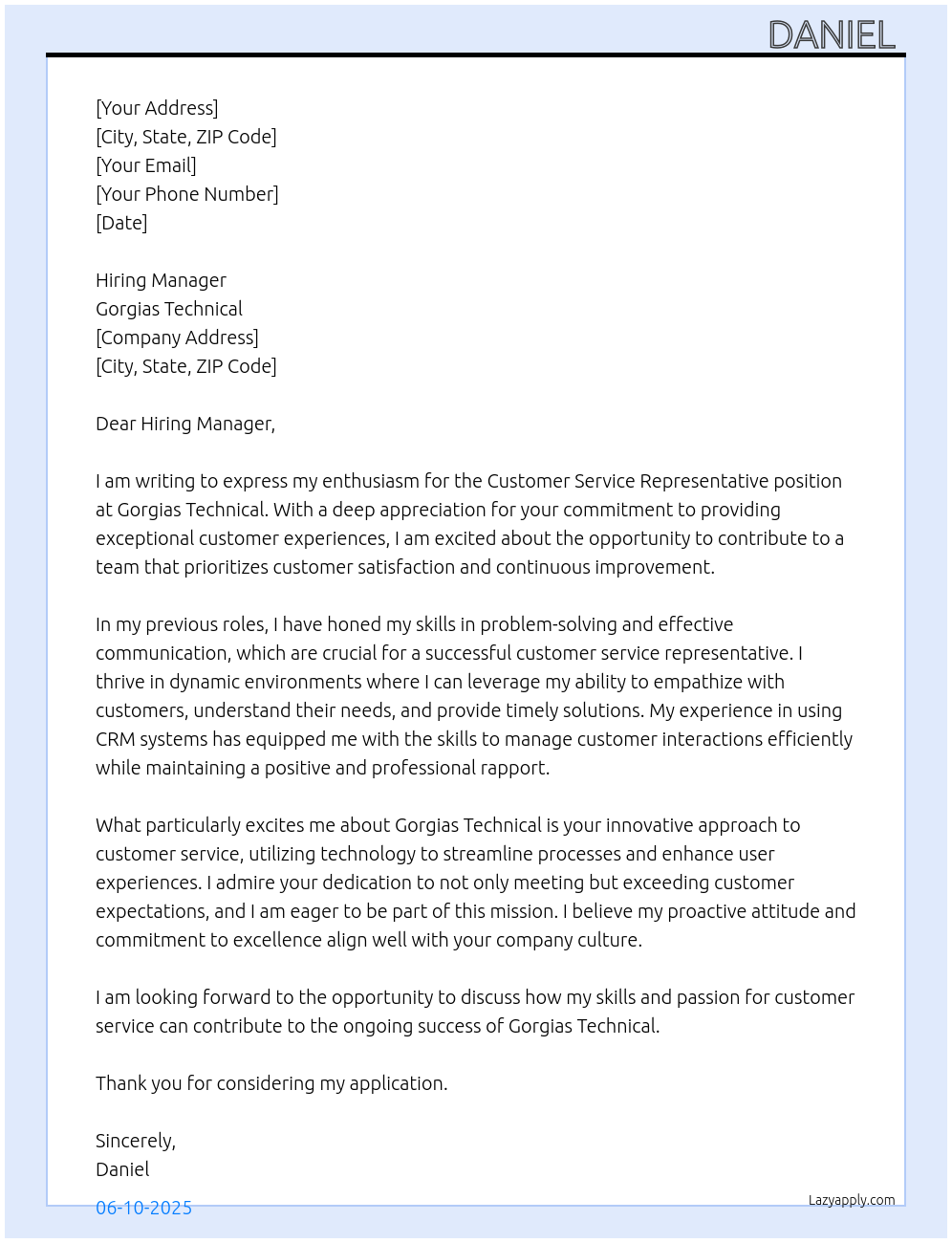 Customer service representative At Gorgias Technical Cover Letter