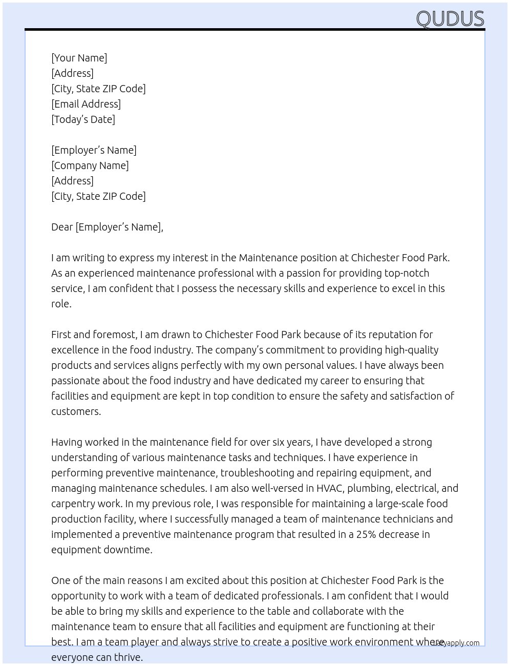 Maintenance  At Chichester Food Park Cover Letter
