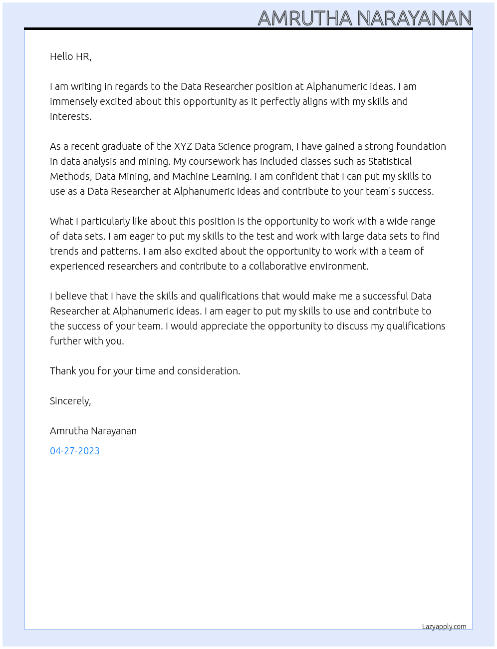 Data Researcher At Alphanumeric ideas Cover Letter