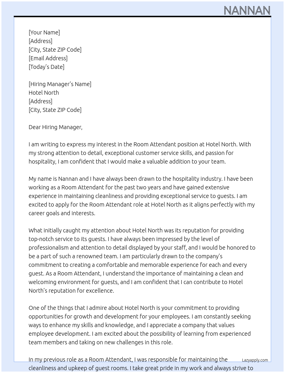 Room Attendant At Hotel North Cover Letter