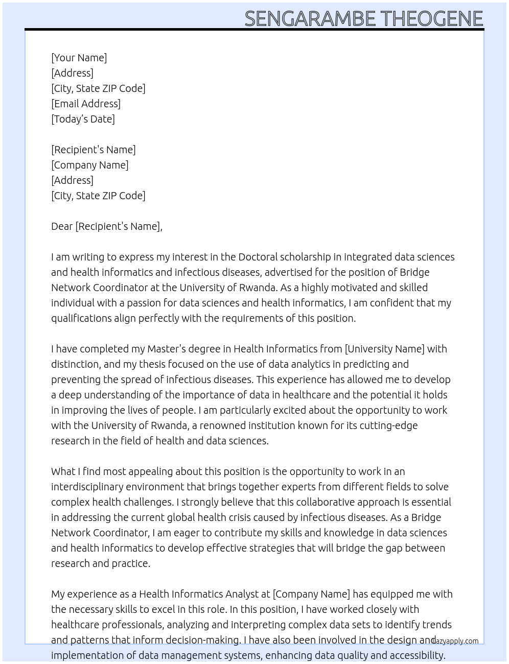 Cover letter for doctoral scholarship in integrated data sciences and health informatics and infectious diseases - LazyApply