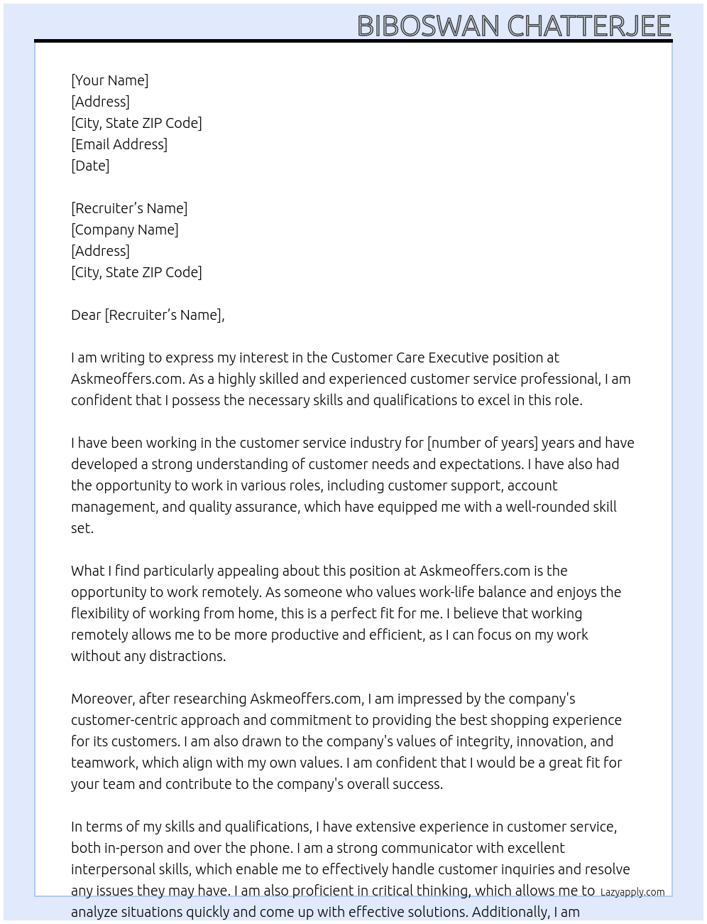 Customer Care Executive At Askmeoffers.com Cover Letter