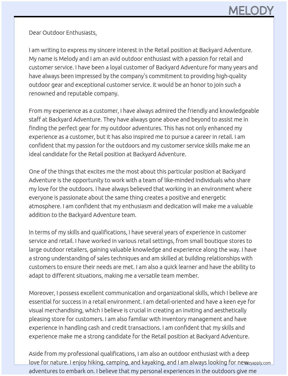 retail At backyard adventure Cover Letter