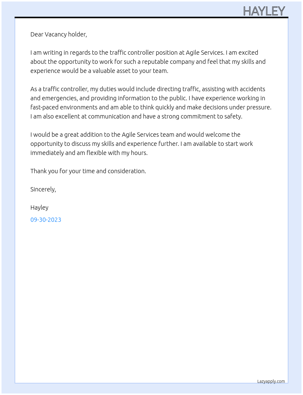 Traffic controller  At Agile services  Cover Letter