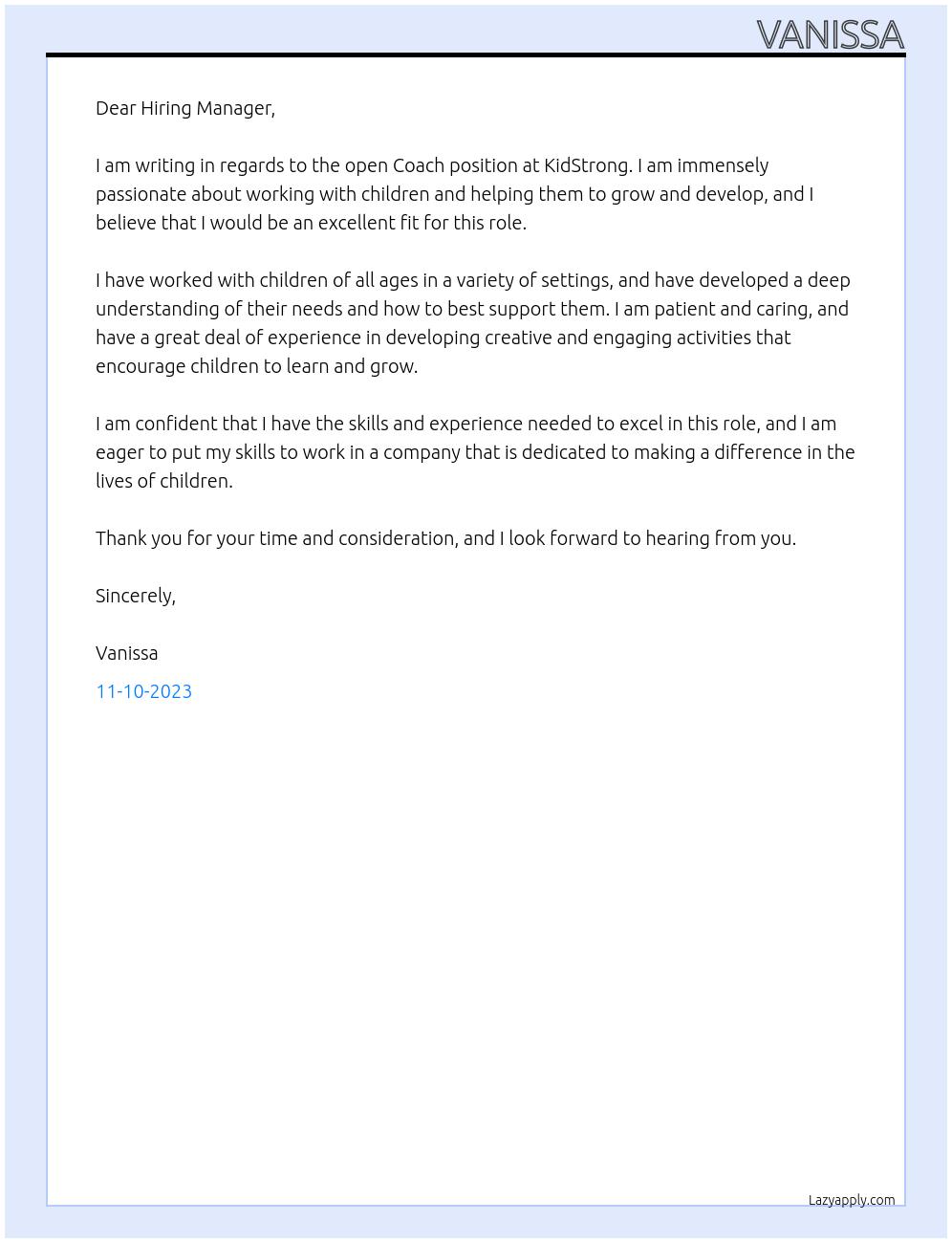 Coach At KidStrong Cover Letter