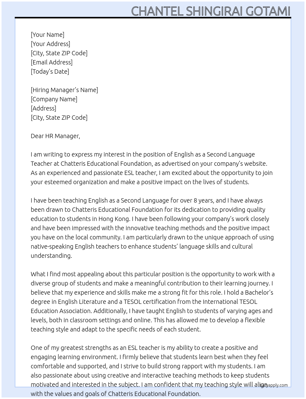 English as a Second Language Teacher At Chatteris Educational Foundation Cover Letter