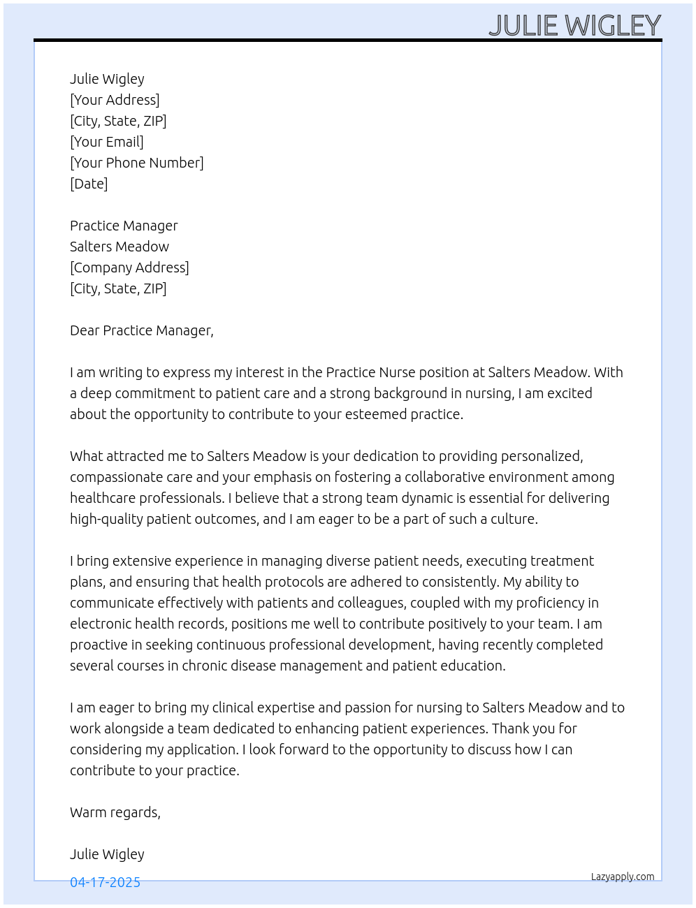 practice nurse At Salters Meadow Cover Letter