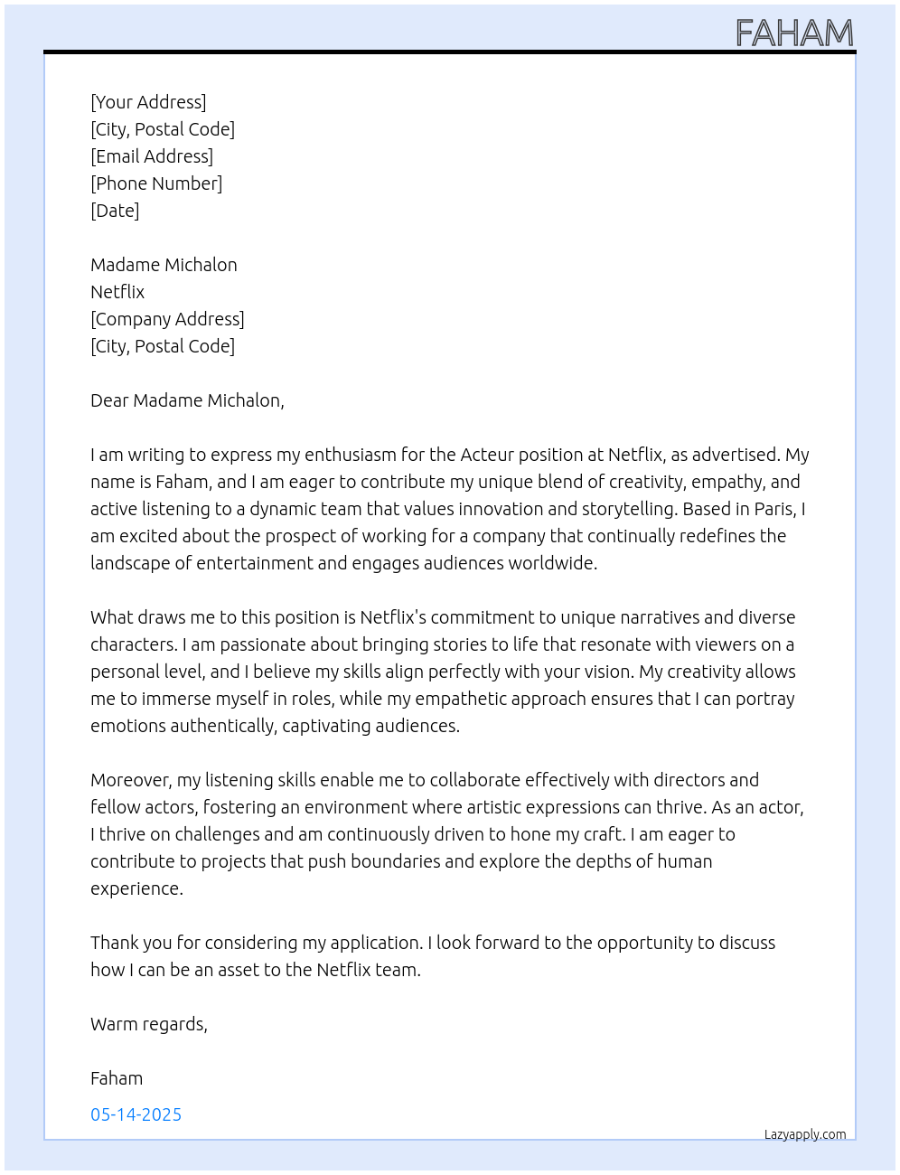 Acteur At Netflix Cover Letter