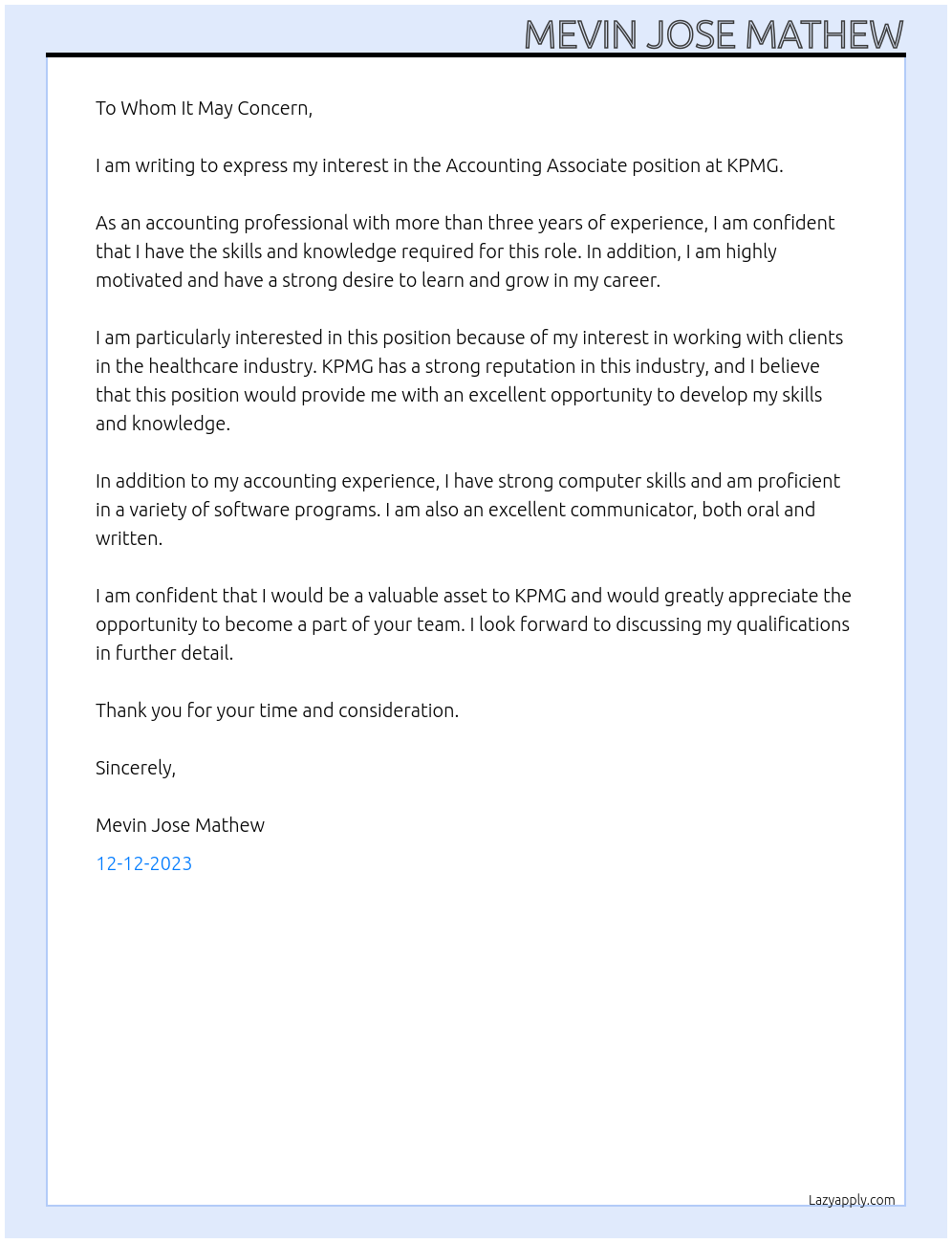 Accounting Associate  At Kpmg Cover Letter