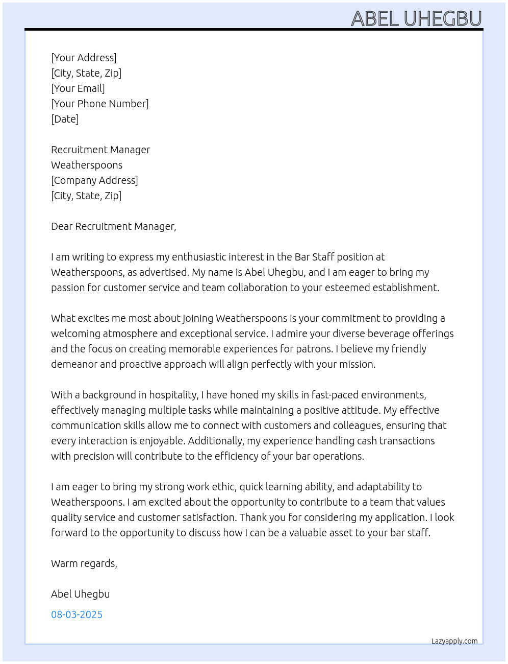 Bar staff At Weatherspoons Cover Letter