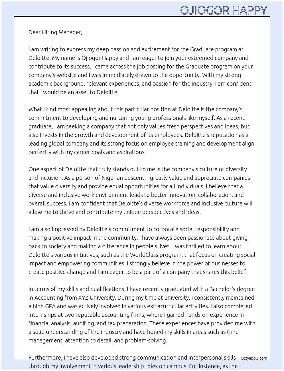 Graduate program  At Deloitte Cover Letter