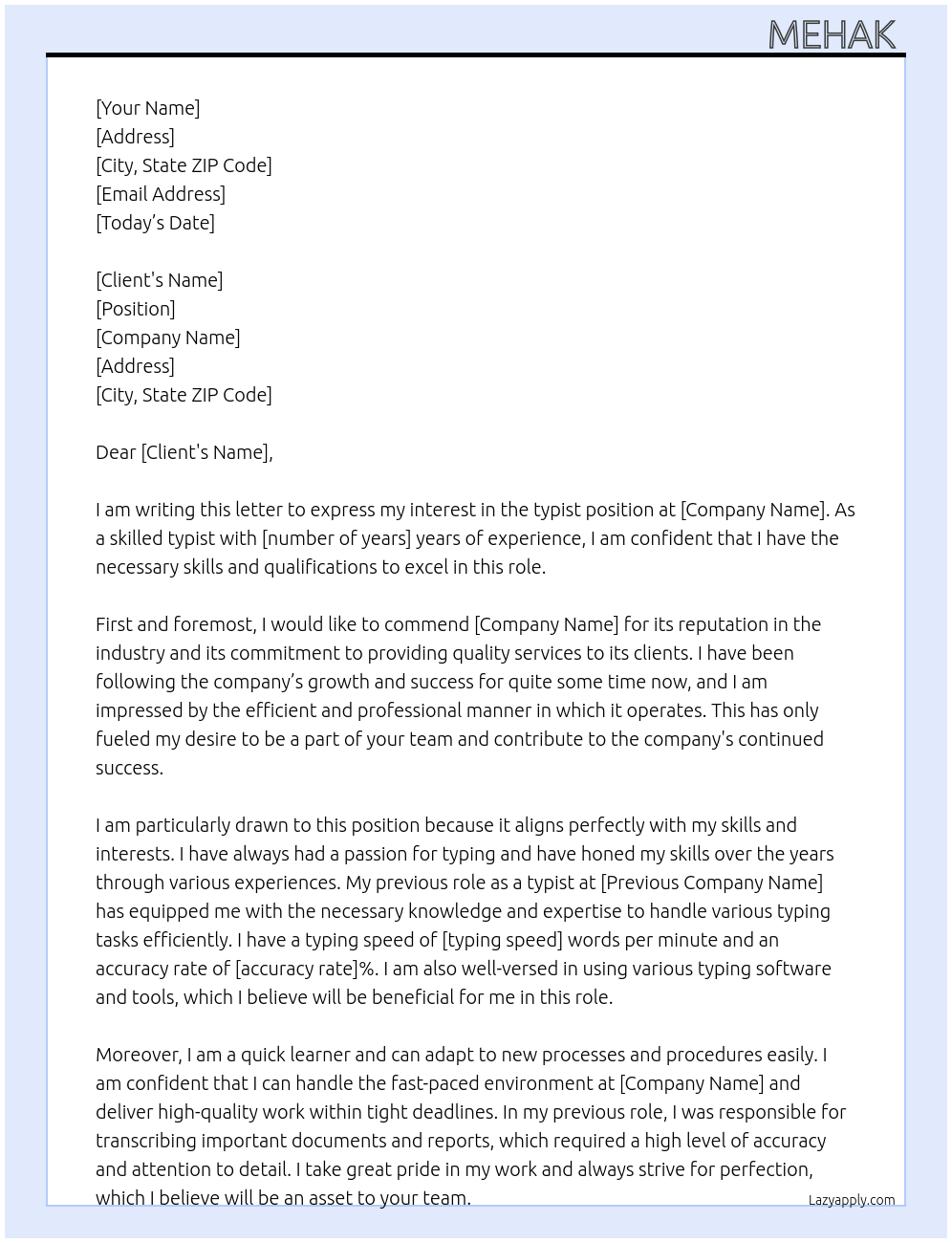 typist At company Cover Letter